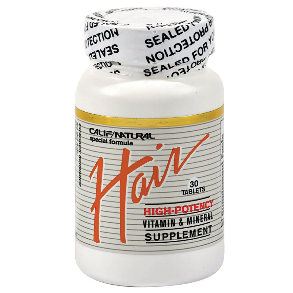 CNA006 | White supplement bottle labeled Hair high-potency vitamin & mineral supplement, sealed cap, 30 tablets - Thumbnail