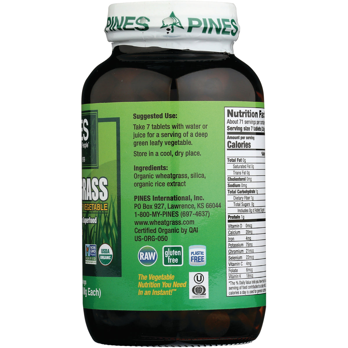 PNN003 | Back label of wheatgrass supplement bottle showing suggested use, ingredients, and nutrition facts