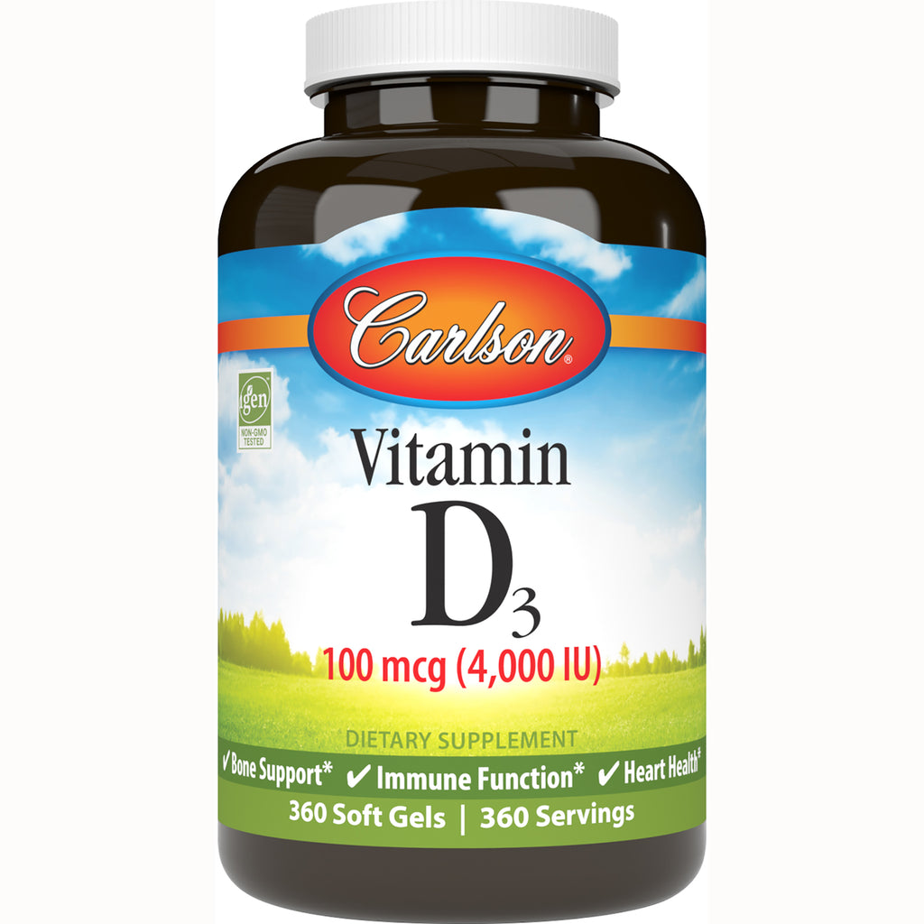 CSN231 | Carlson Vitamin D3 100 mcg (4,000 IU) brown bottle with label reading 360 soft gels dietary supplement - Thumbnail