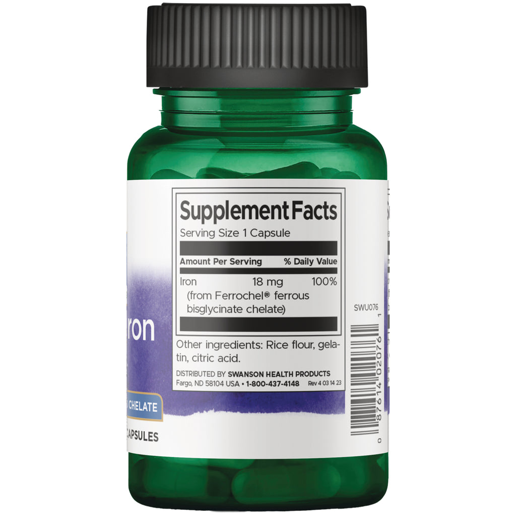 SWU076 | Back label showing Supplement Facts: serving size 1 capsule; iron 18 mg (from Ferrochel) - Thumbnail