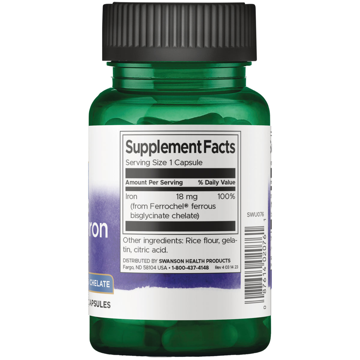SWU076 | Back label showing Supplement Facts: serving size 1 capsule; iron 18 mg (from Ferrochel)