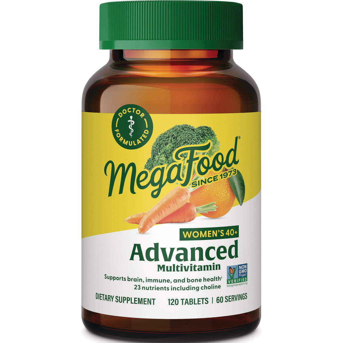 MGF073 | MegaFood Advanced multivitamin Women's 40+ bottle with green cap and yellow label showing carrots, broccoli and orange, 120 tablets