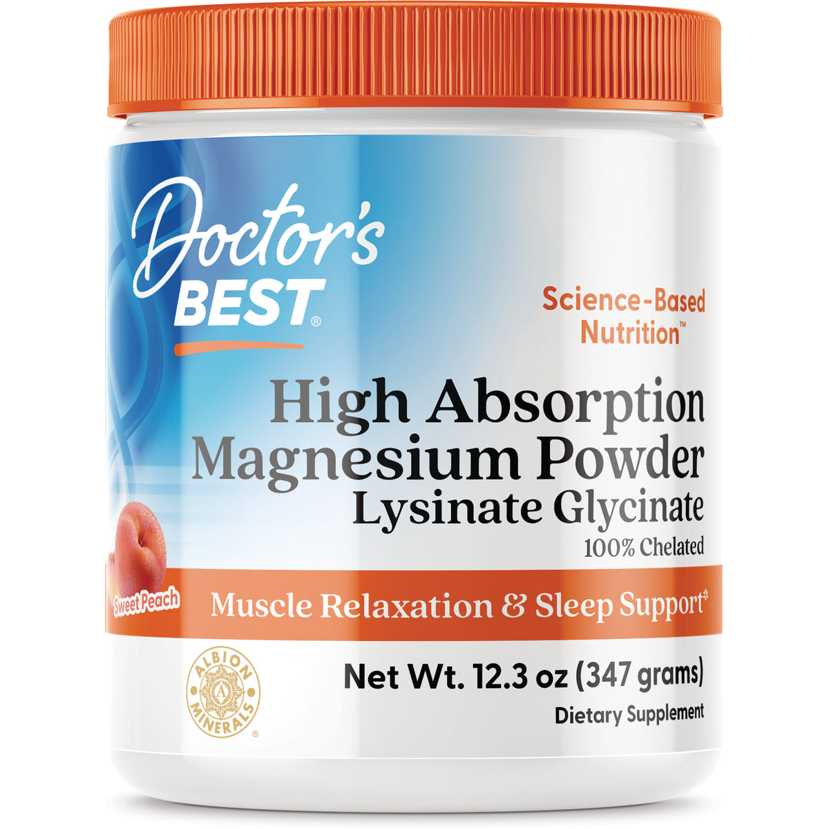 DB270 | Doctor's Best High Absorption Magnesium Powder Lysinate Glycinate sweet peach flavor jar front