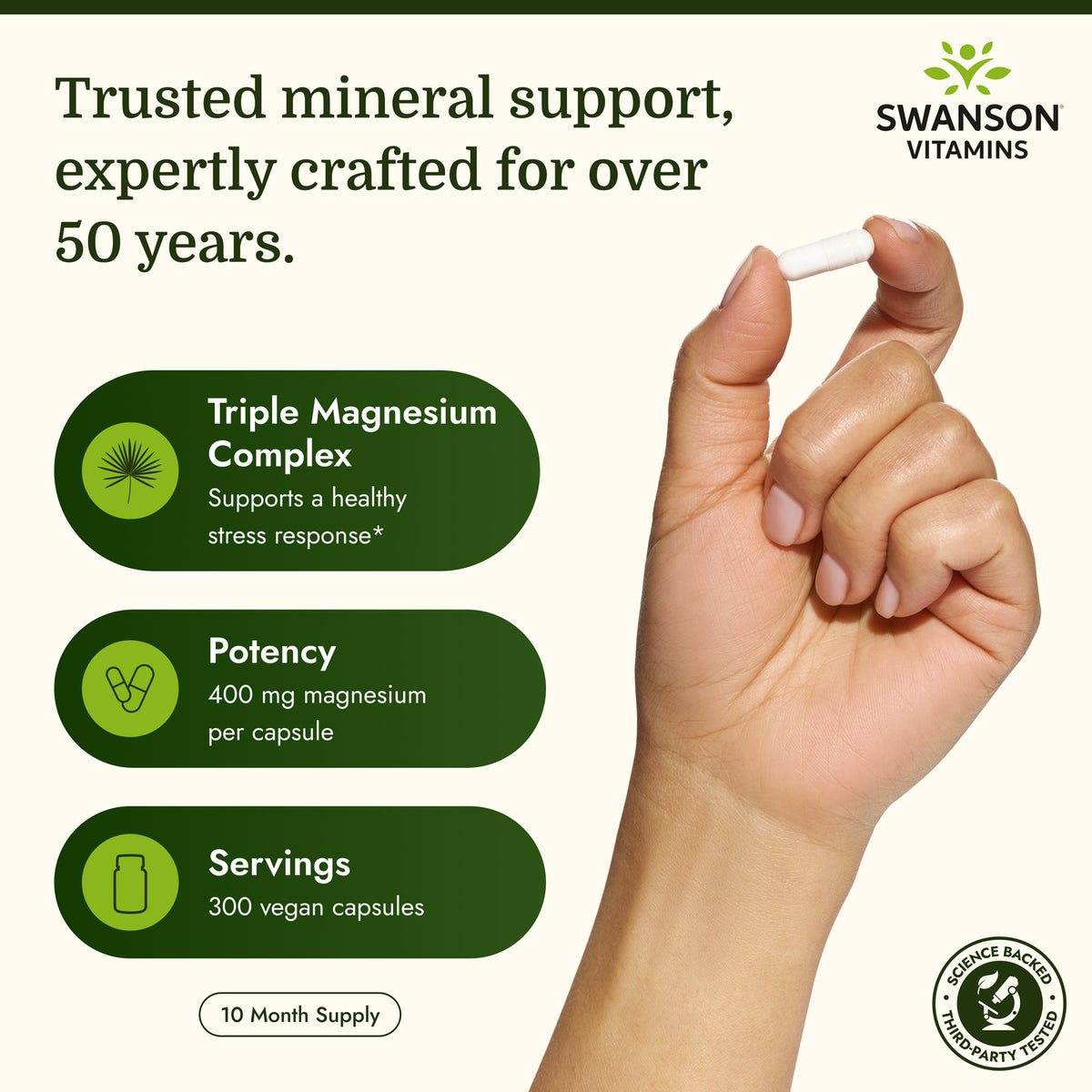SW1079 | Swanson Vitamins infographic for Triple Magnesium Complex, 400 mg per capsule, 300 vegan capsules