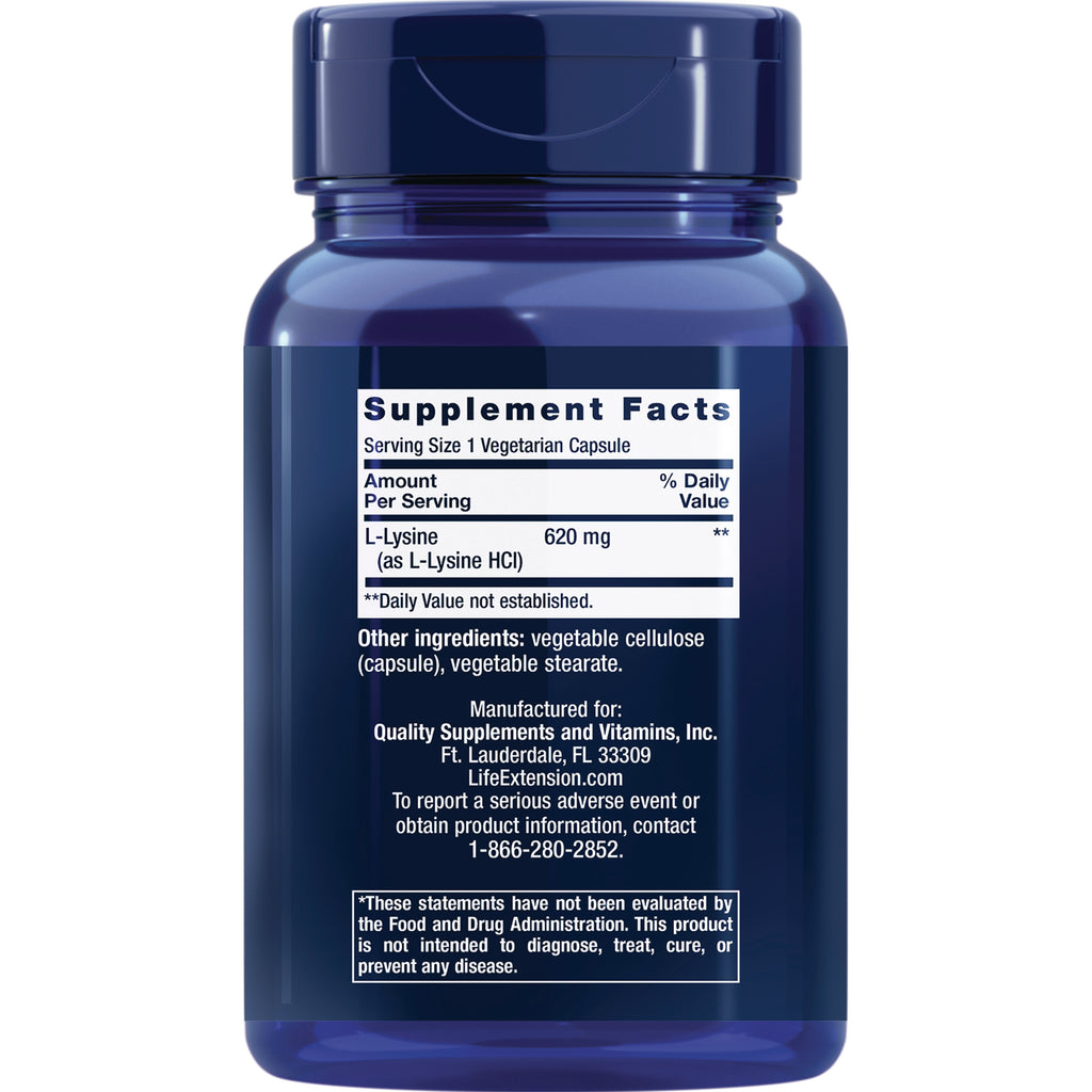 LE335 | back of blue supplement bottle showing Supplement Facts label with L-Lysine 620 mg and manufacturer info - Thumbnail