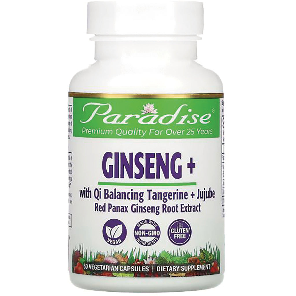 PRH017 | Paradise GINSENG+ dietary supplement bottle front showing label with Qi Balancing Tangerine + Jujube, 60 vegetarian capsules - Thumbnail