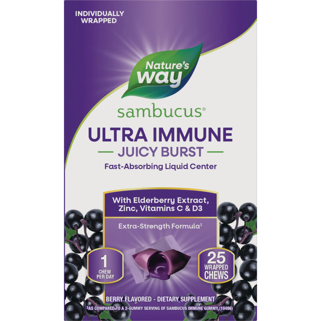 NW1072 | Nature's Way Sambucus Ultra Immune Juicy Burst berry flavored box showing 25 wrapped chews and a single chew - Thumbnail
