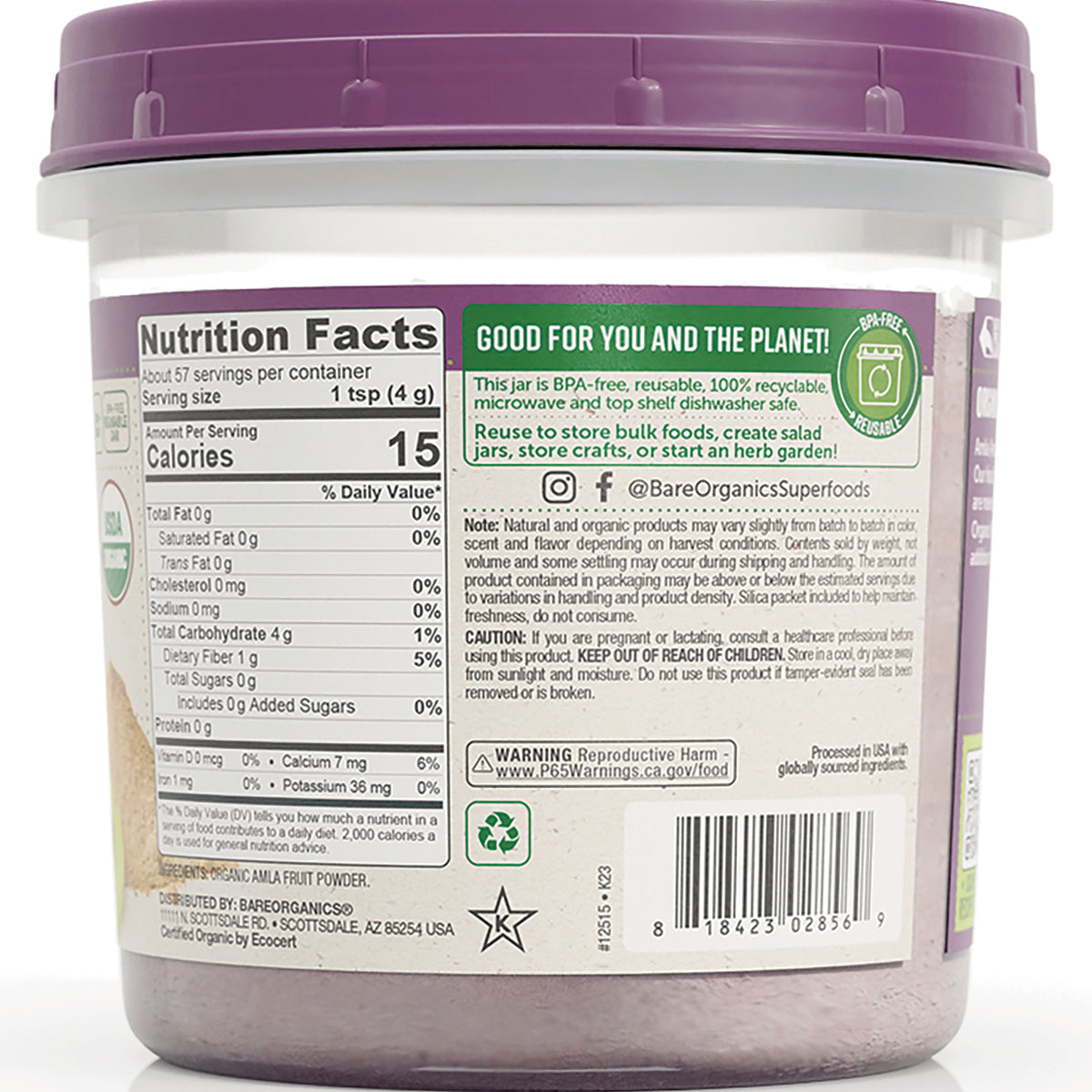 BOR023 | back label showing Nutrition Facts, product details, recycling icons and barcode on purple-lidded tub
