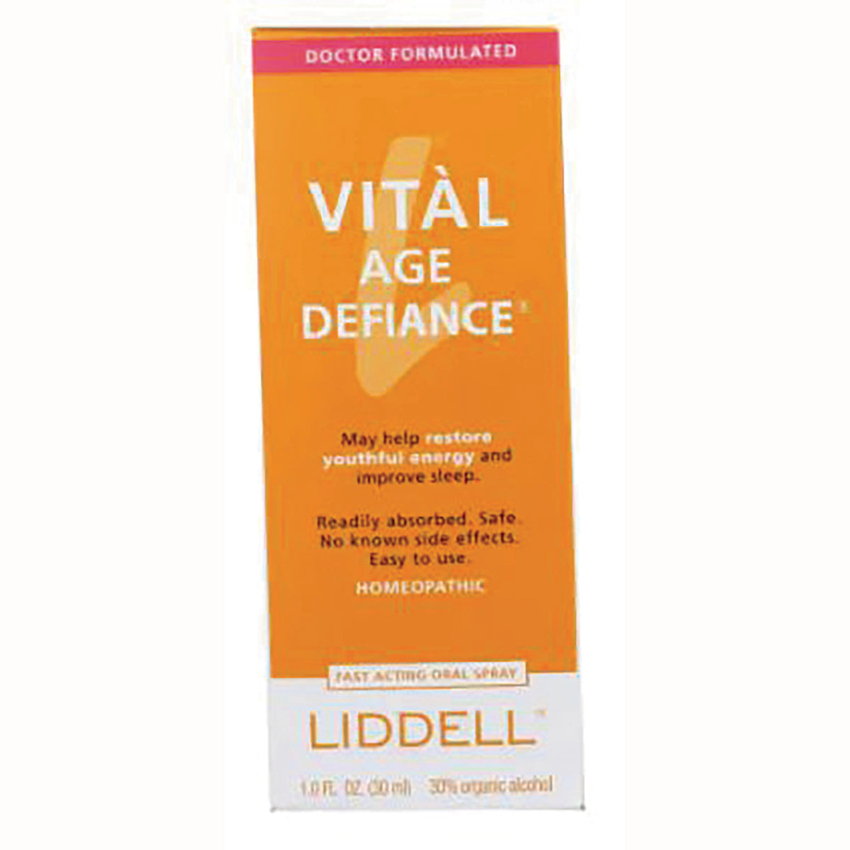 LID001 | Orange box labeled VITAL AGE DEFIANCE homeopathic fast acting oral spray by LIDDELL
