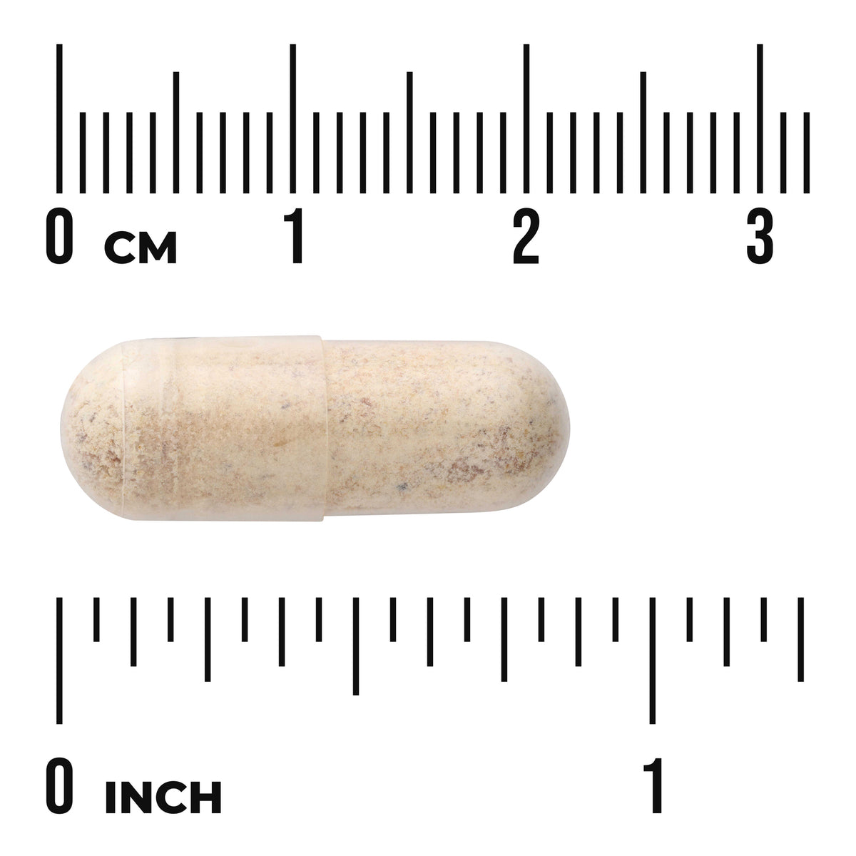 SW1290 | Beige supplement capsule with centimeter and inch rulers showing size (visible text: 0 cm, 0 inch)