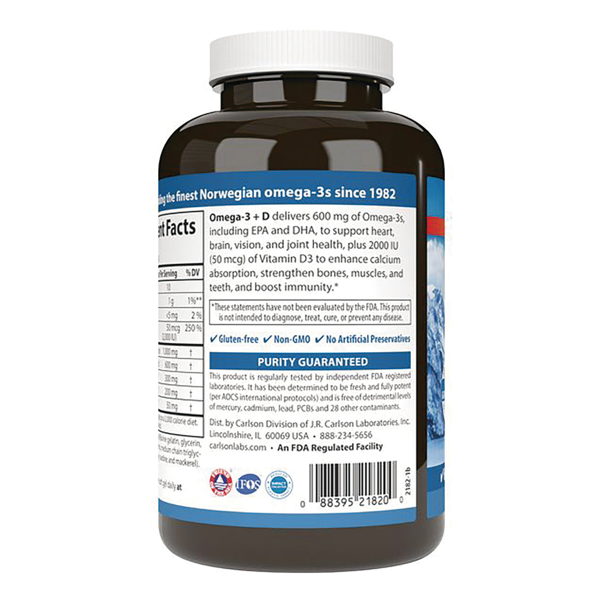 CSN332 | Back of supplement bottle showing facts panel, Purity Guaranteed label, barcode, and supplement claims