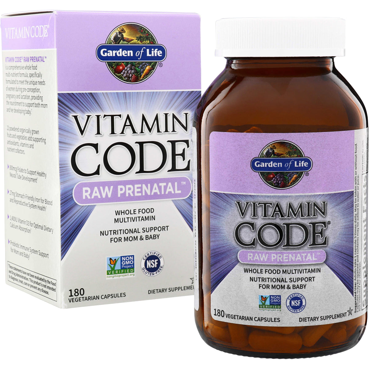 GLF139 | Garden of Life Vitamin Code Raw Prenatal whole food multivitamin, 180 vegetarian capsules
