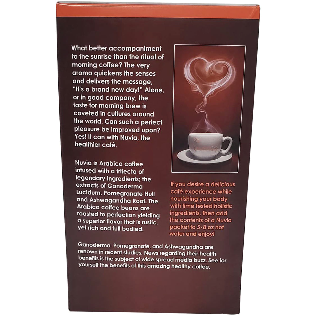 NVC002 | Back panel of Nuvia coffee box with product description text and illustration of a cup with heart-shaped steam