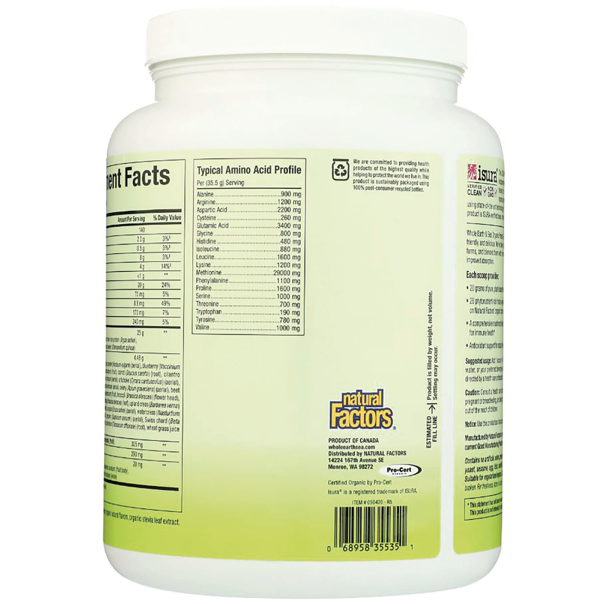 NFC199 | Back of pale green supplement tub showing nutrition facts, amino acid profile, Natural Factors logo and barcode