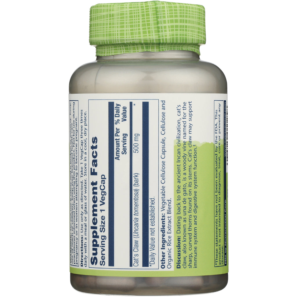 SLR338 | Back label showing Supplement Facts, serving size 1 VegCap, Cats Claw 500 mg, and other ingredients - Thumbnail