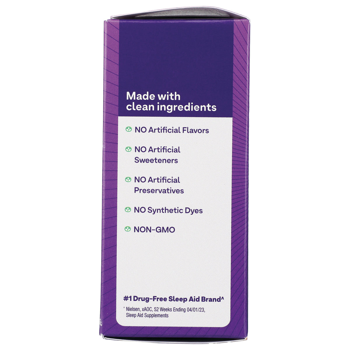 NA504 | Back of purple box reading Made with clean ingredients and listing no artificial flavors or preservatives, NON-GMO