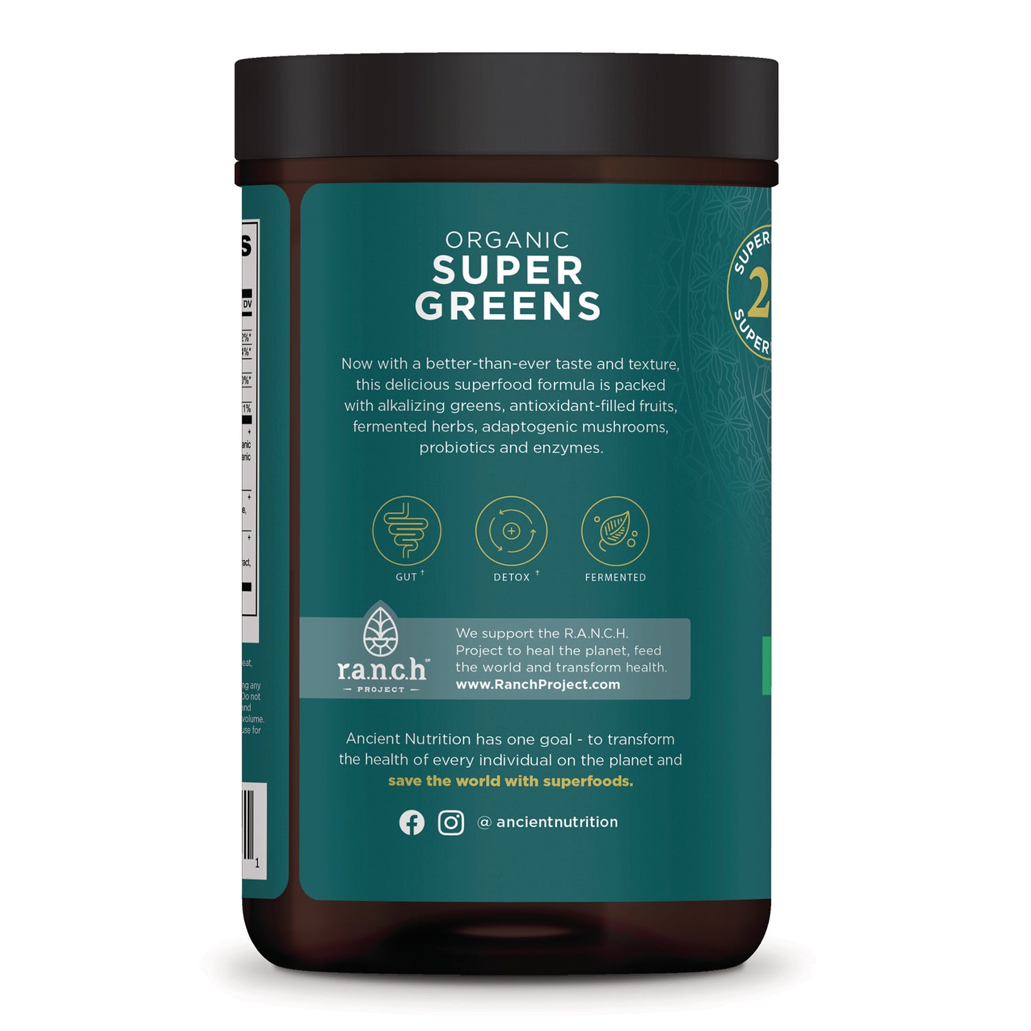 ATN131 | Back label of Organic Super Greens powder container showing product description, gut/detox/fermented icons and R.A.N.C.H. project blurb