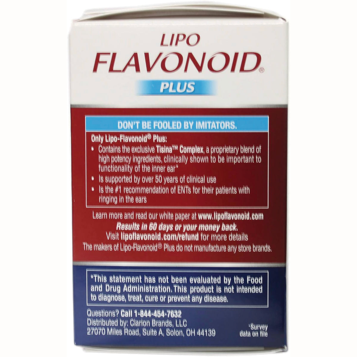 DSE008 | Back of Lipo Flavonoid Plus box showing product claims, refund info, and FDA disclaimer