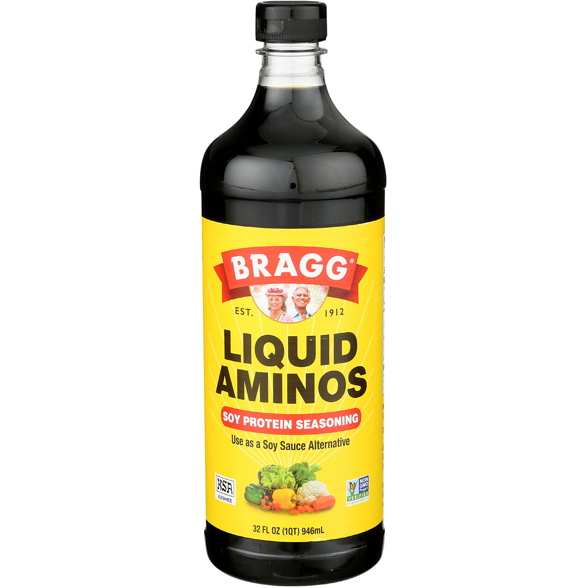 BR008 | Bragg Liquid Aminos soy protein seasoning bottle with yellow label, 32 fl oz