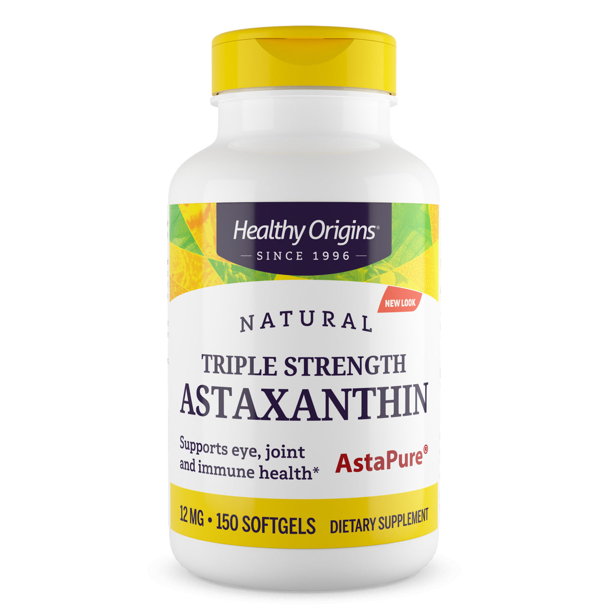 HRG097 | White bottle with yellow cap labeled Healthy Origins Natural Triple Strength Astaxanthin 12 mg 150 softgels