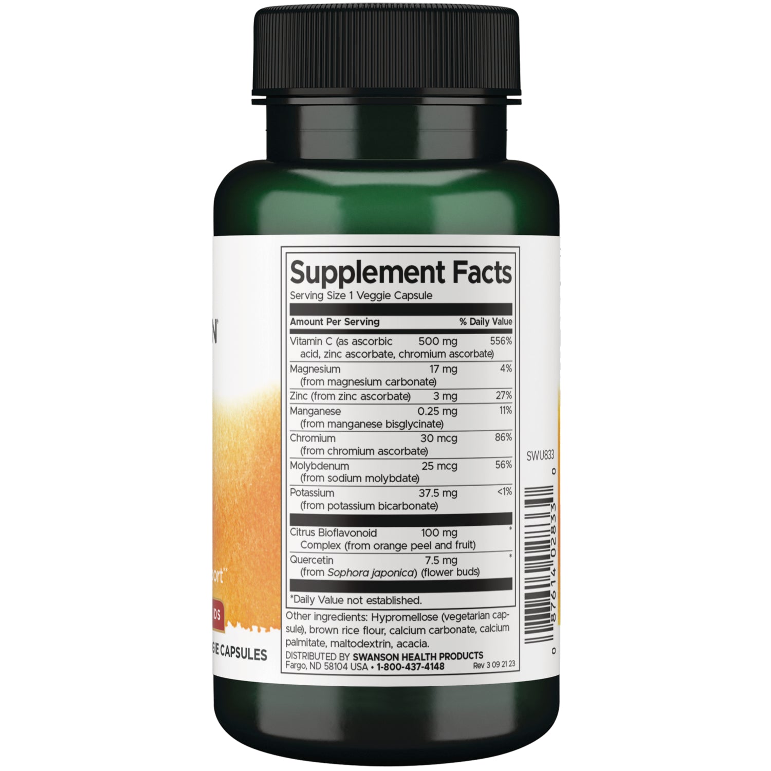 SWU833 | Supplement Facts panel for veggie capsule with vitamin C 500 mg, magnesium, zinc, chromium