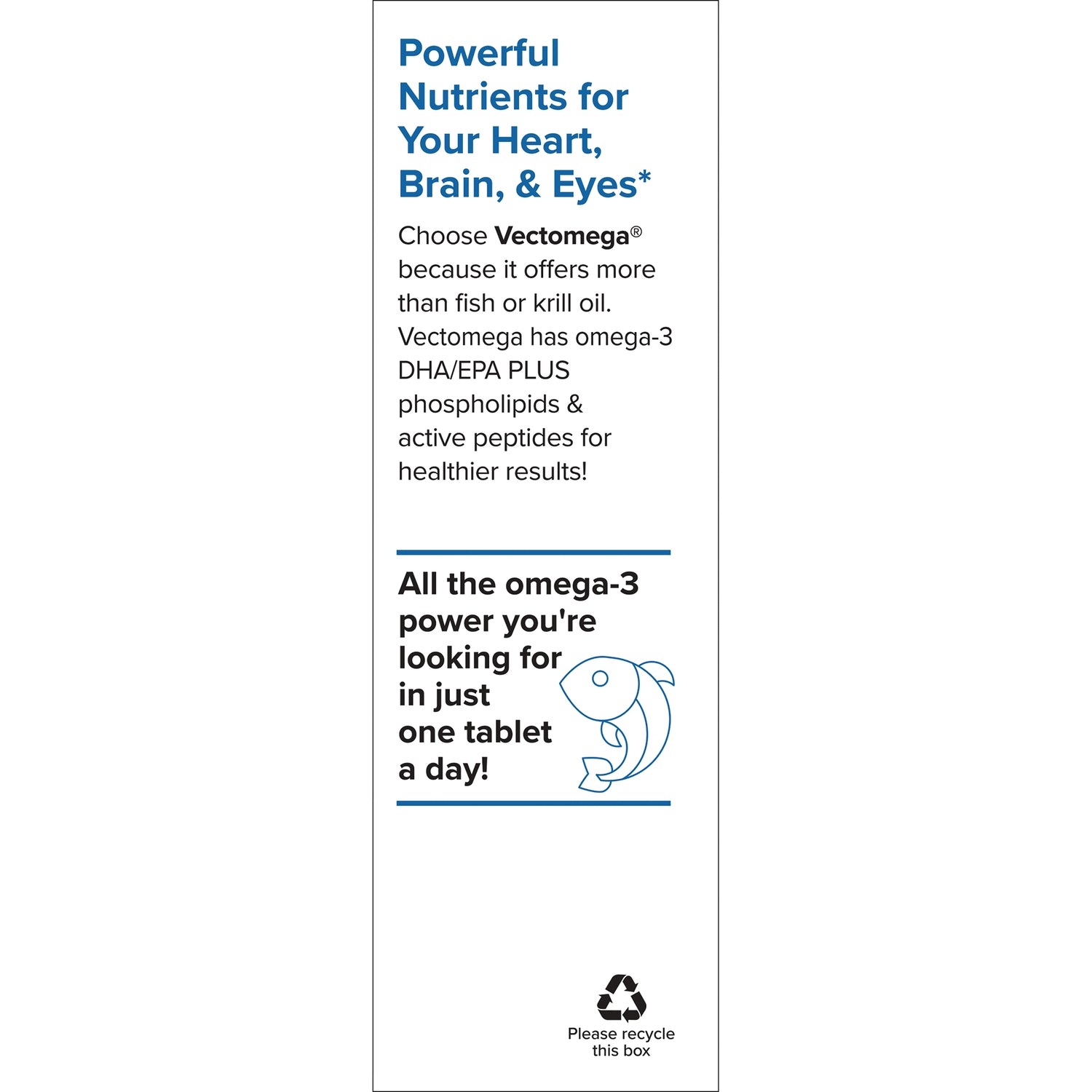 EUR003 | Product infographic panel reading Powerful Nutrients for Your Heart, Brain, & Eyes and All the omega-3 power you're looking for in just one tablet a day with fish icon