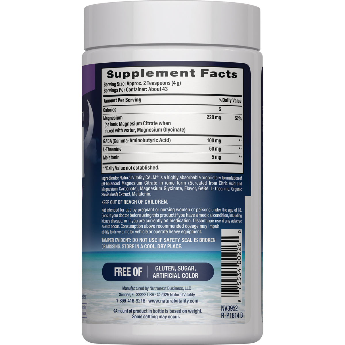 NVT071 | Back of supplement bottle showing Supplement Facts, ingredients, barcode, and FREE OF gluten, sugar, artificial color panel