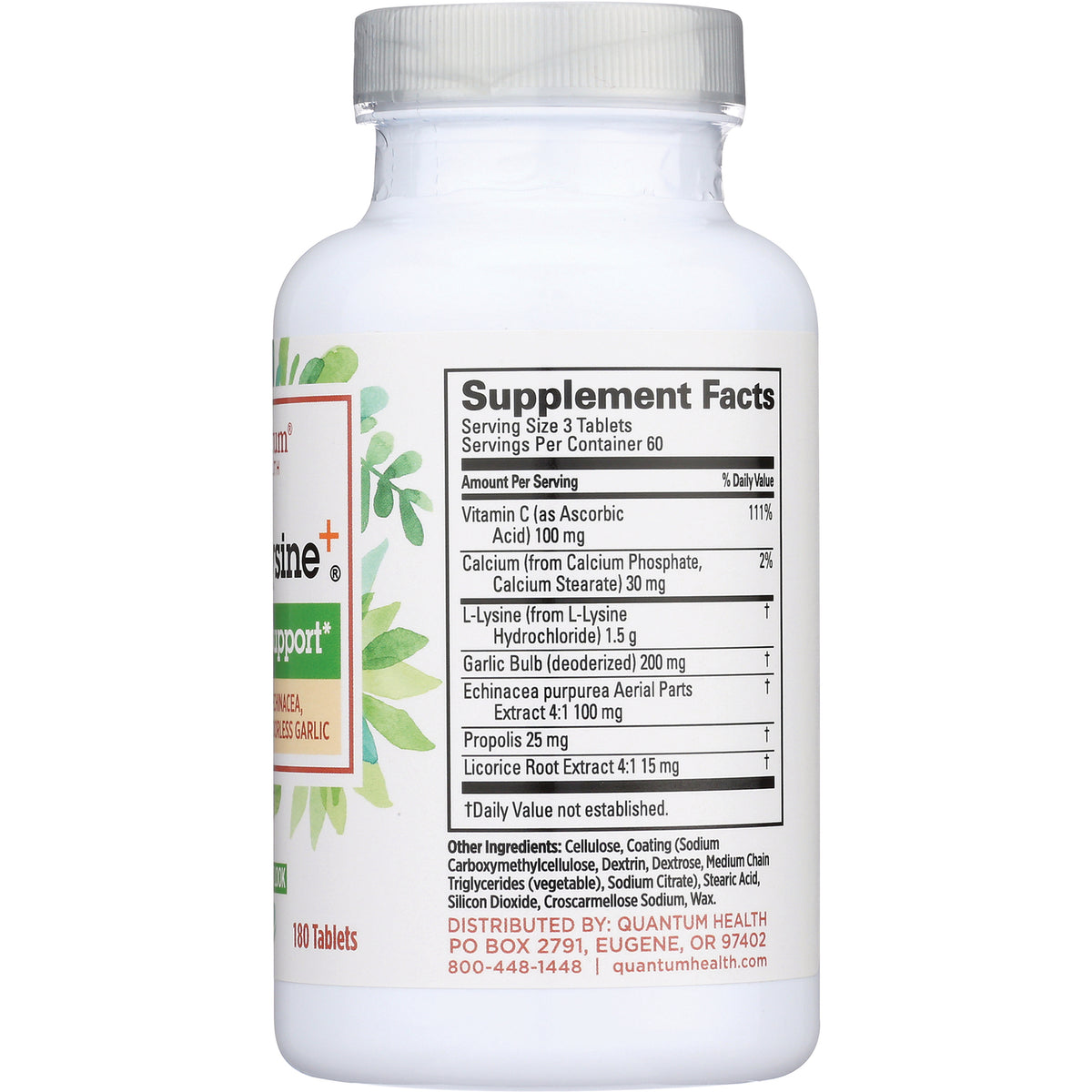 QU029 | back of white supplement bottle showing Supplement Facts panel and ingredient list