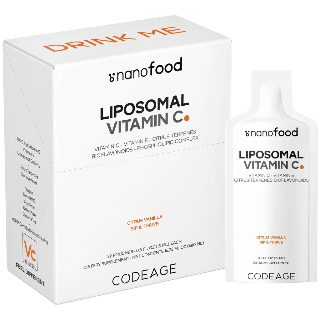 CDG069 | Box and single pouch of Codeage liposomal Vitamin C citrus vanilla front packaging - Thumbnail