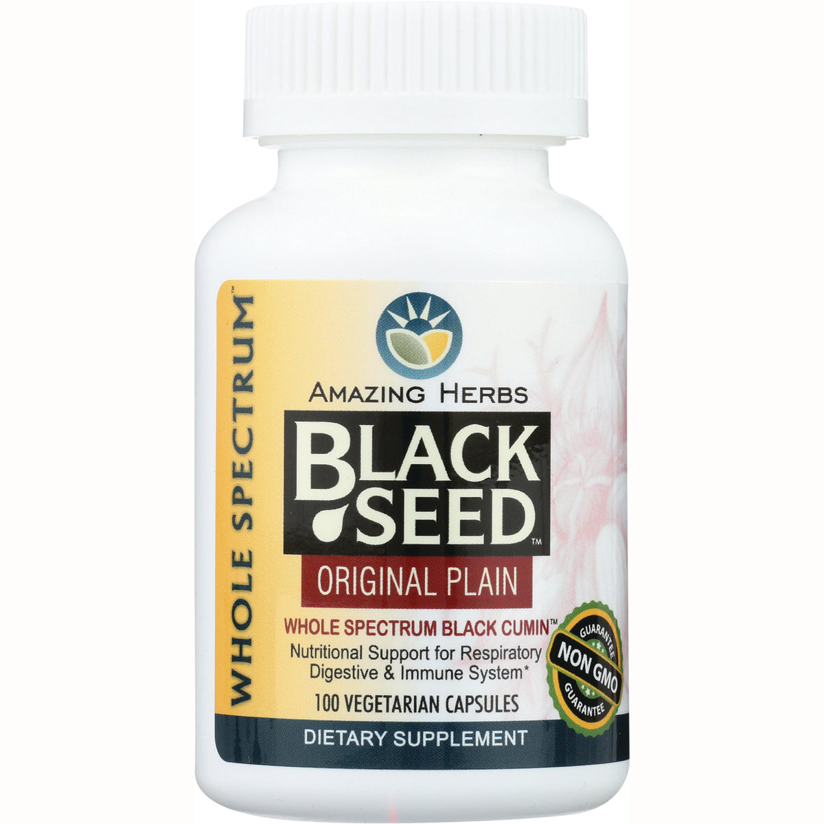 AZH001 | White supplement bottle labeled Amazing Herbs BLACK SEED Original Plain, 100 vegetarian capsules, Non-GMO