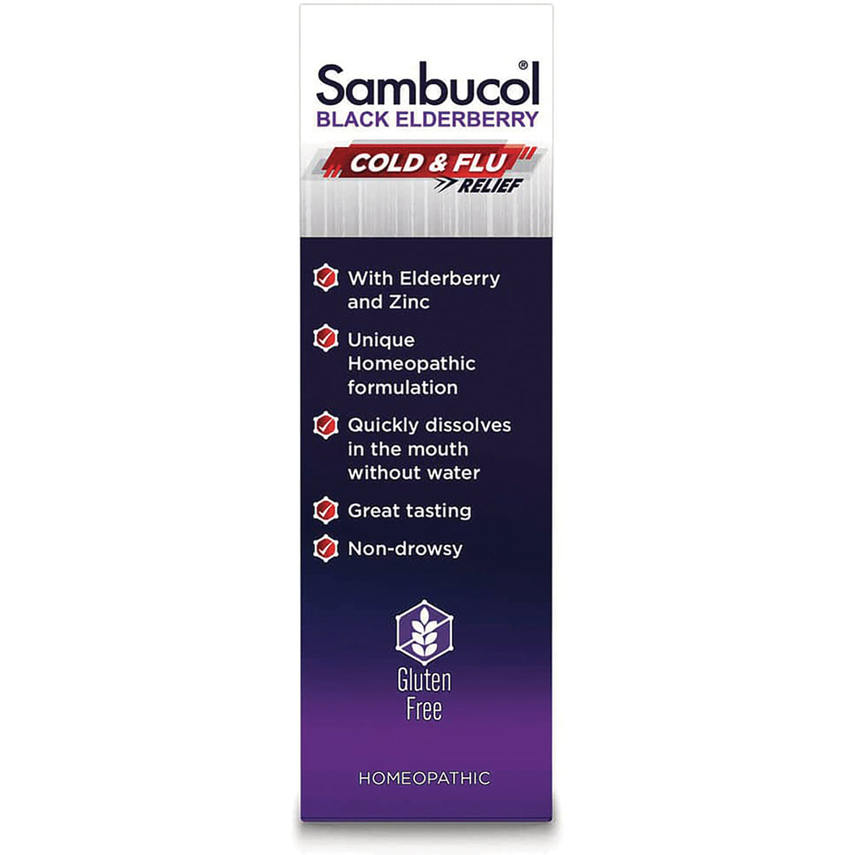 SMB008 | Sambucol Black Elderberry Cold & Flu Relief side panel with benefits and Gluten Free badge