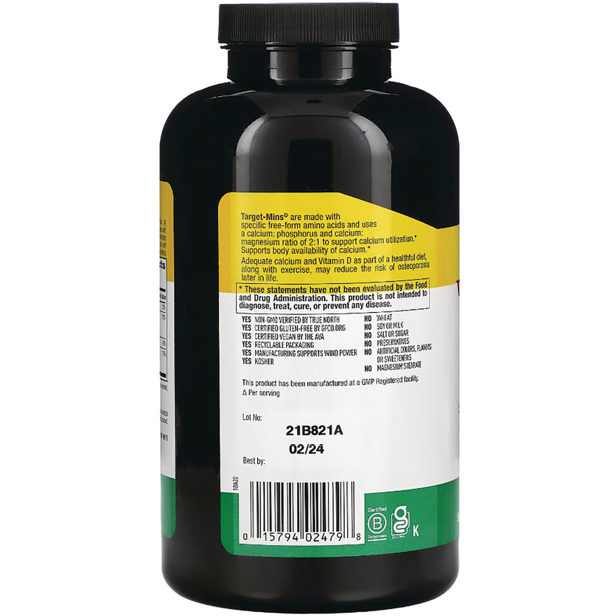 CRL575 | Back of black supplement bottle showing label with lot 21B821A, best by 02/24, barcode and certification icons