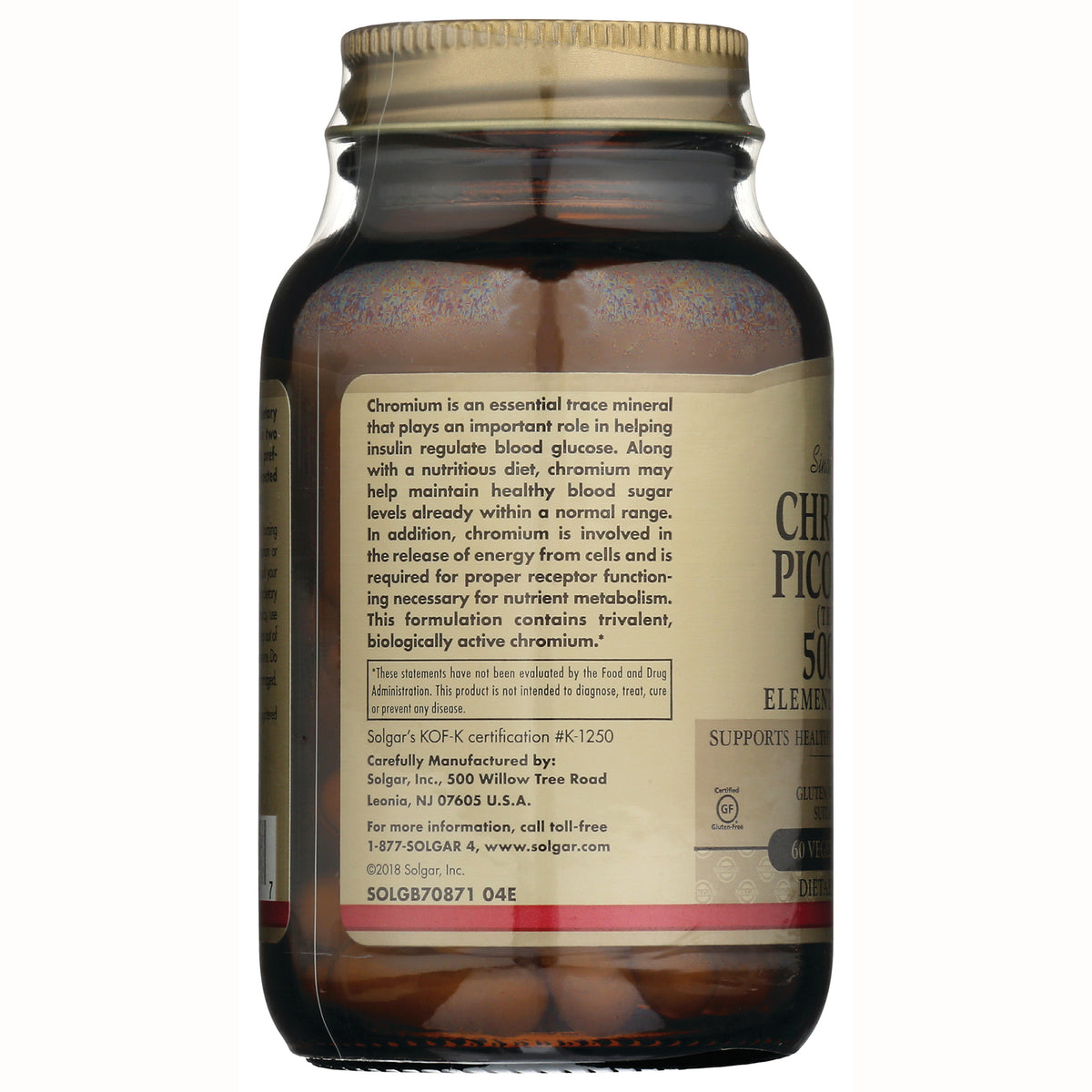 SLG269 | back label of brown supplement bottle with chromium description, Solgar manufacturer info and partial supplement facts