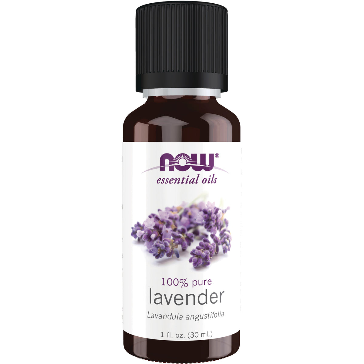NWF057 | NOW essential oils 100% pure lavender 1 fl oz amber bottle with black cap and label showing lavender sprigs