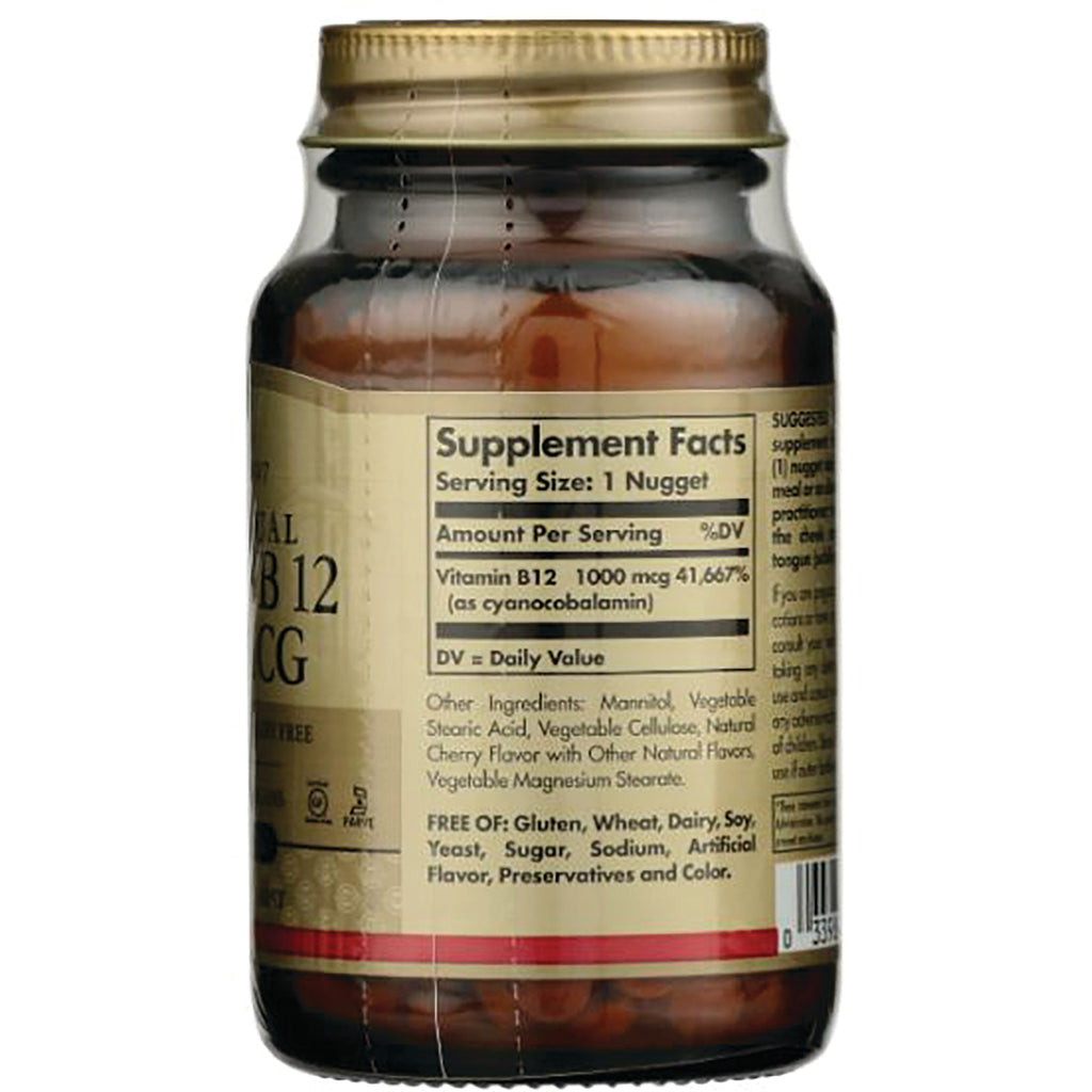 SLG304 | supplement facts panel and ingredients on back of amber vitamin B12 bottle showing Serving Size 1 Nugget and Vitamin B12 1000 mcg - Thumbnail