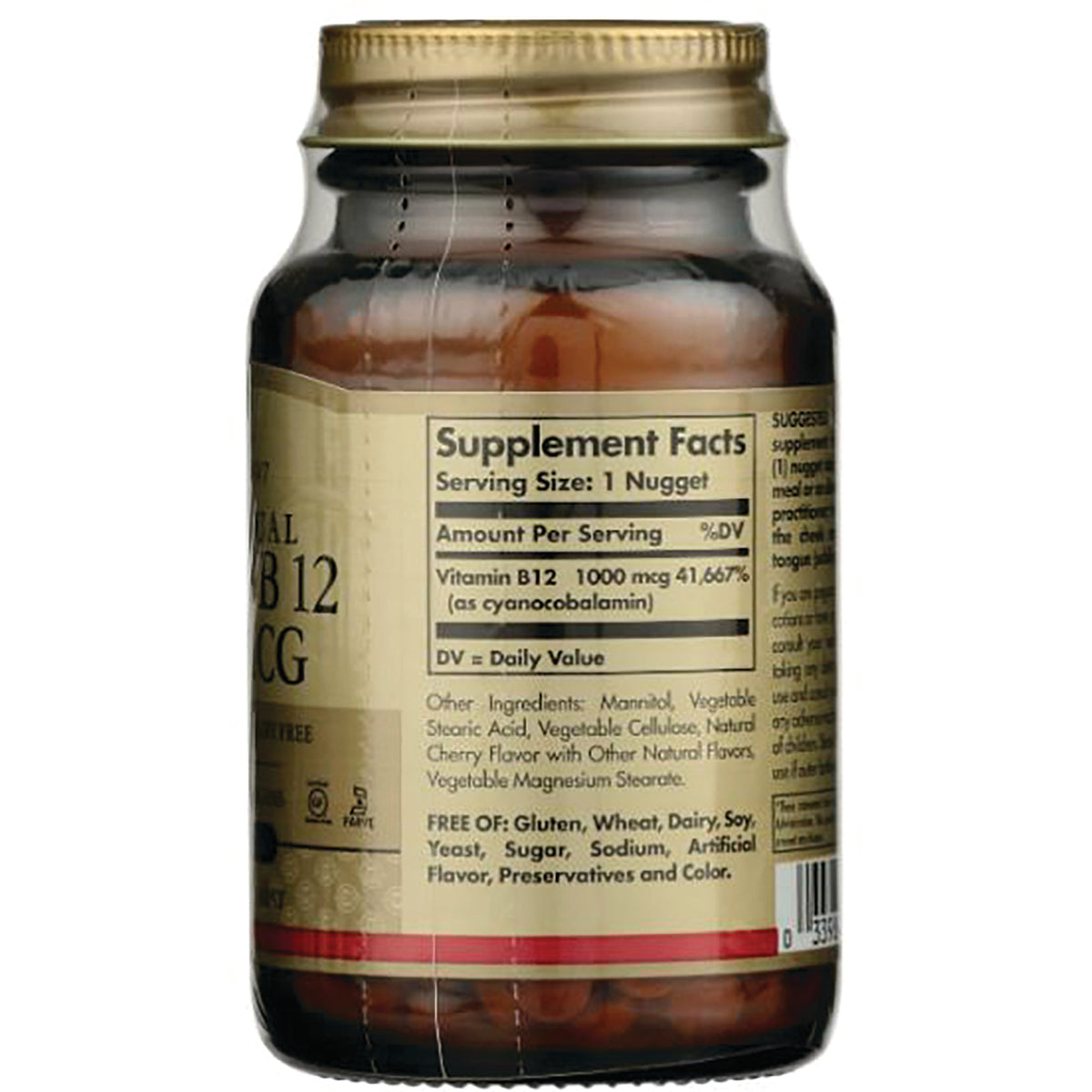 SLG304 | supplement facts panel and ingredients on back of amber vitamin B12 bottle showing Serving Size 1 Nugget and Vitamin B12 1000 mcg