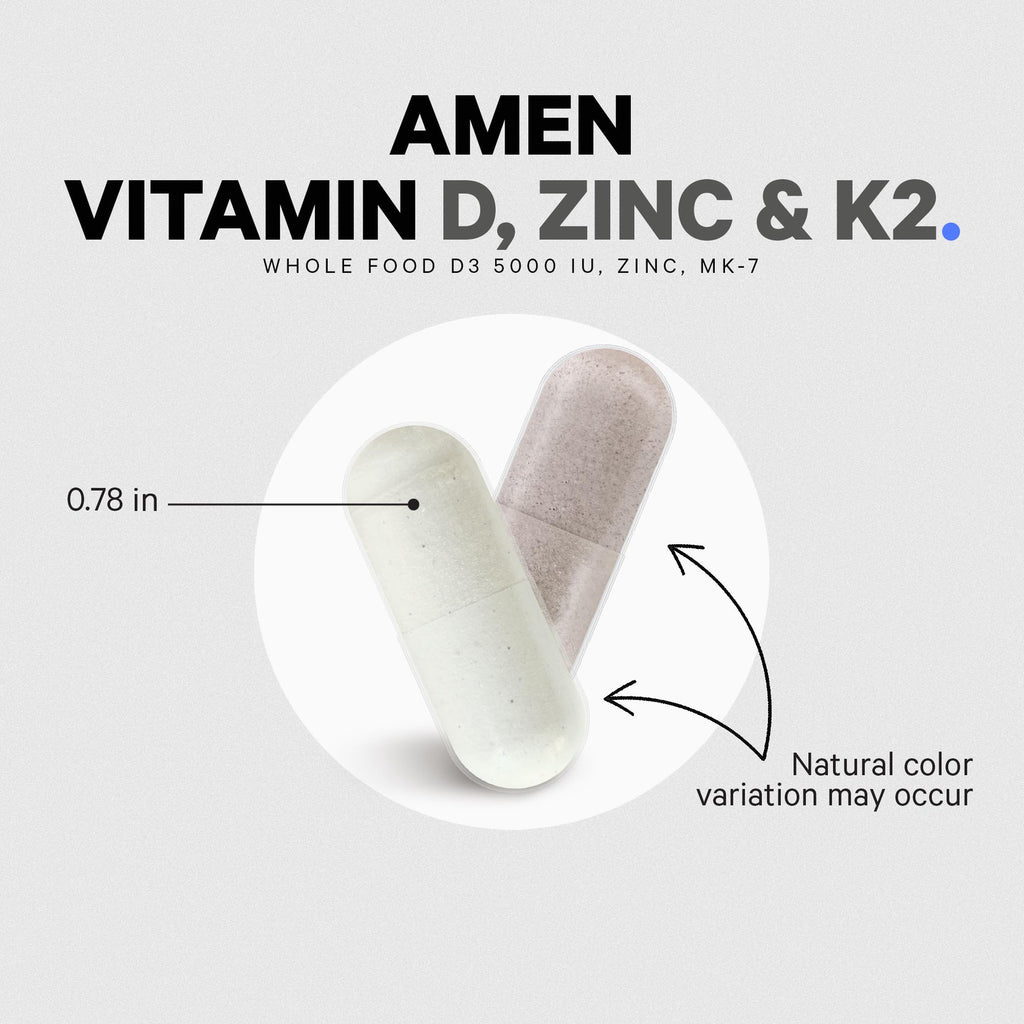 CDG048 | AMEN Vitamin D, Zinc & K2 capsules, 0.78 in, with natural color variation - Thumbnail