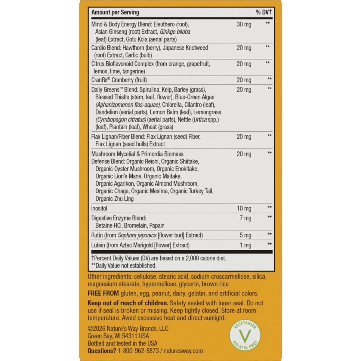 NW1077 | Supplement facts panel with ingredients, other ingredients, warnings, and vegetarian gelation-free seal