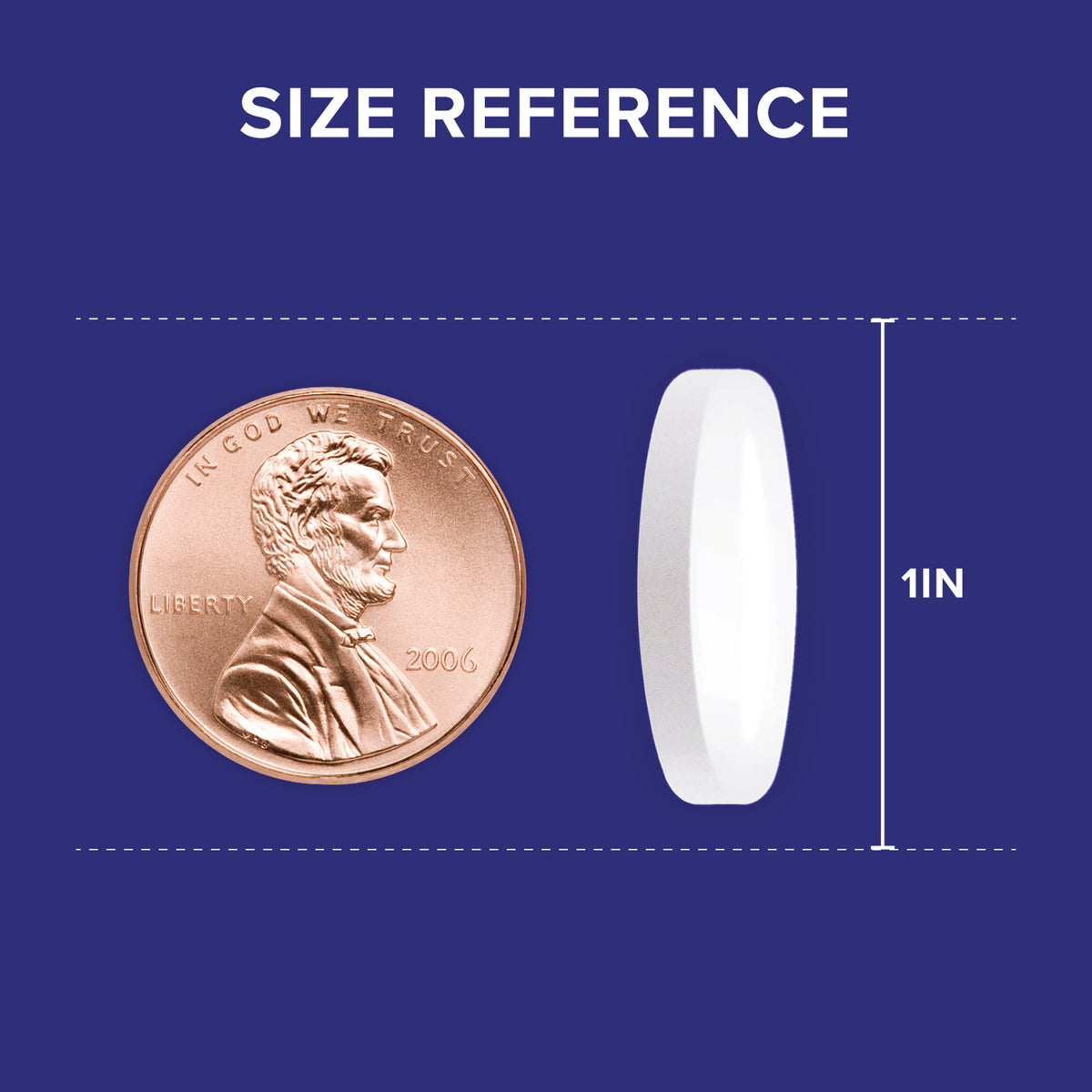 QNL015 | Size reference showing a white tablet next to a penny, labeled 1 in