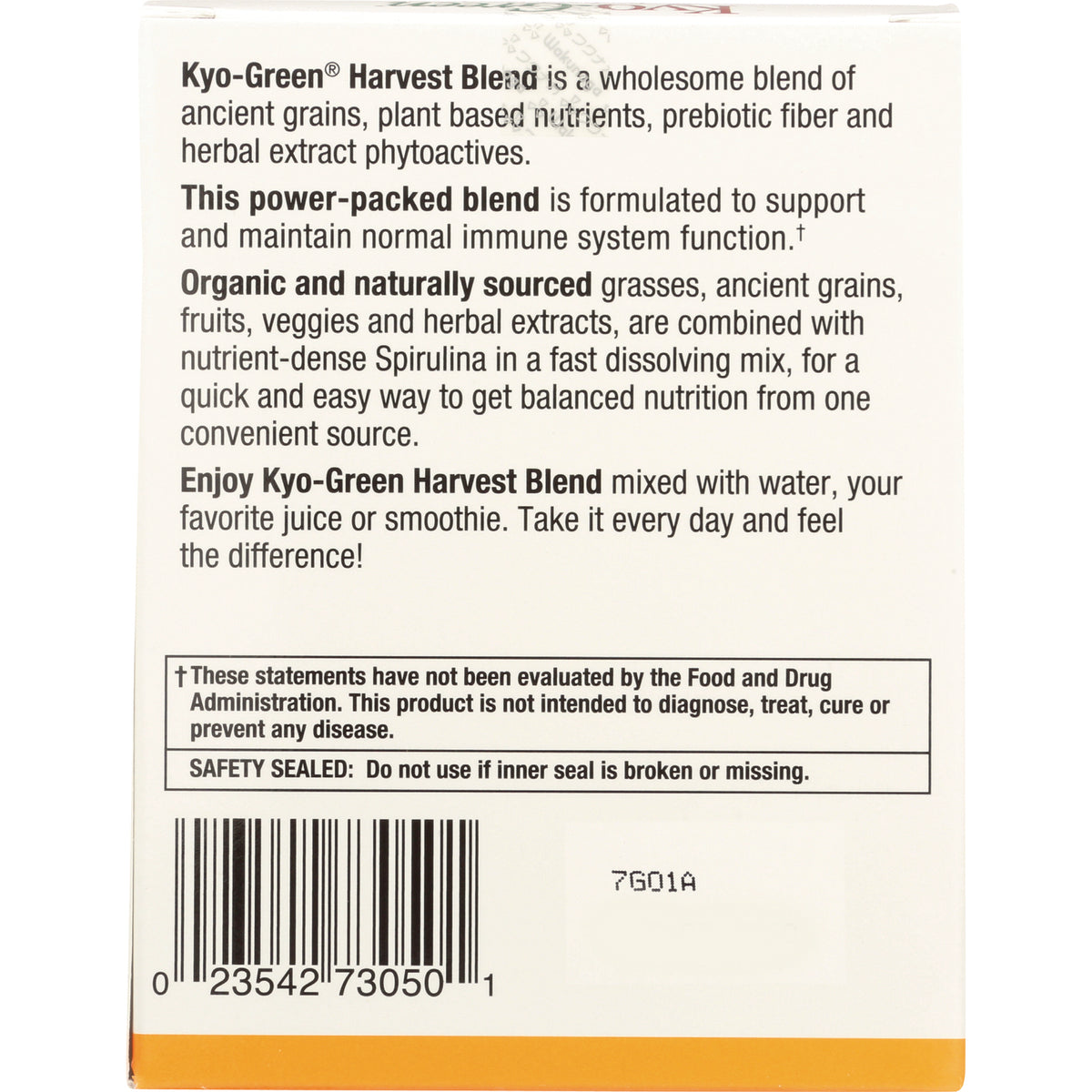 Back panel of dietary supplement box with product description, safety seal notice, and barcode