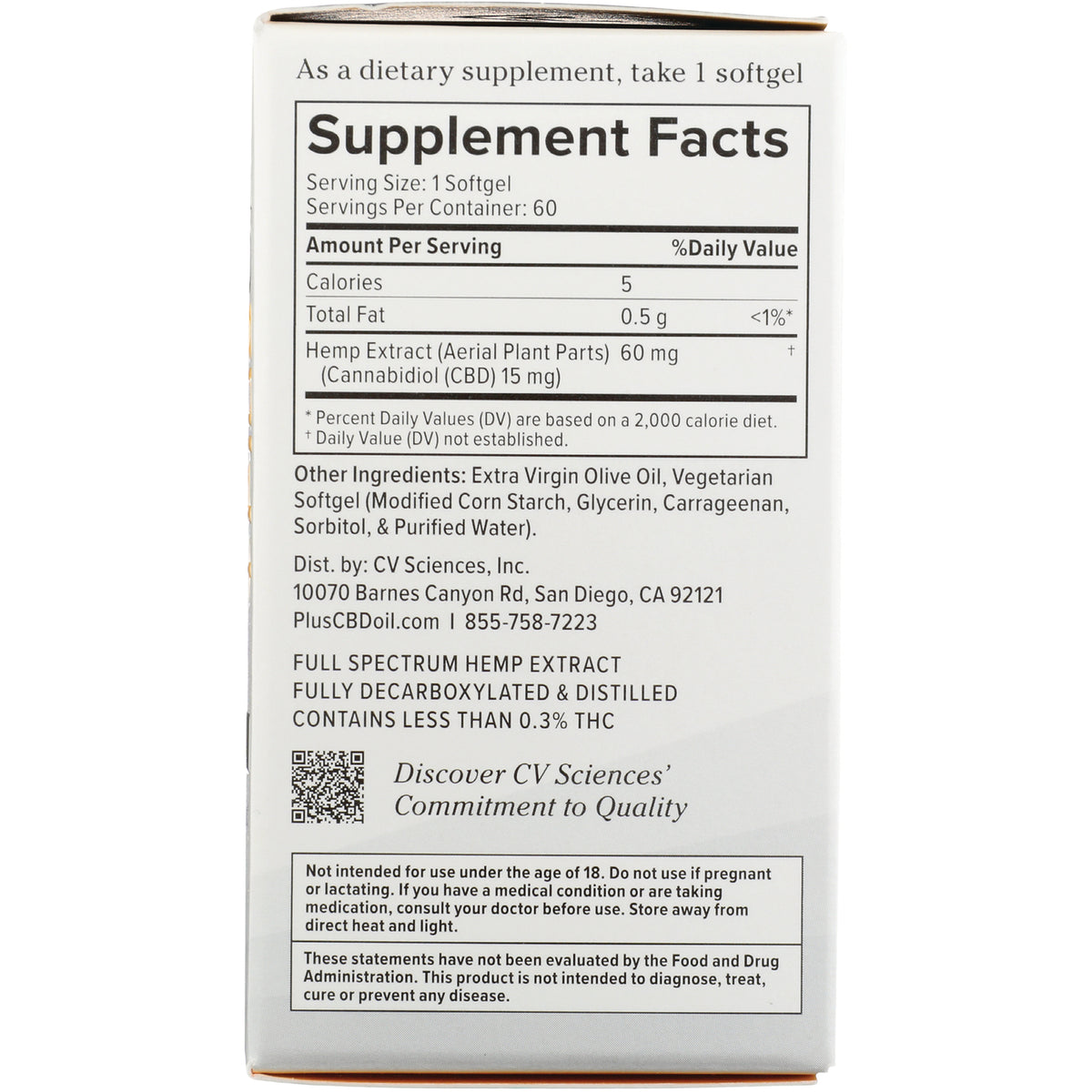 CV005 | back panel showing Supplement Facts, hemp extract 15 mg, ingredients, distributor info and warnings