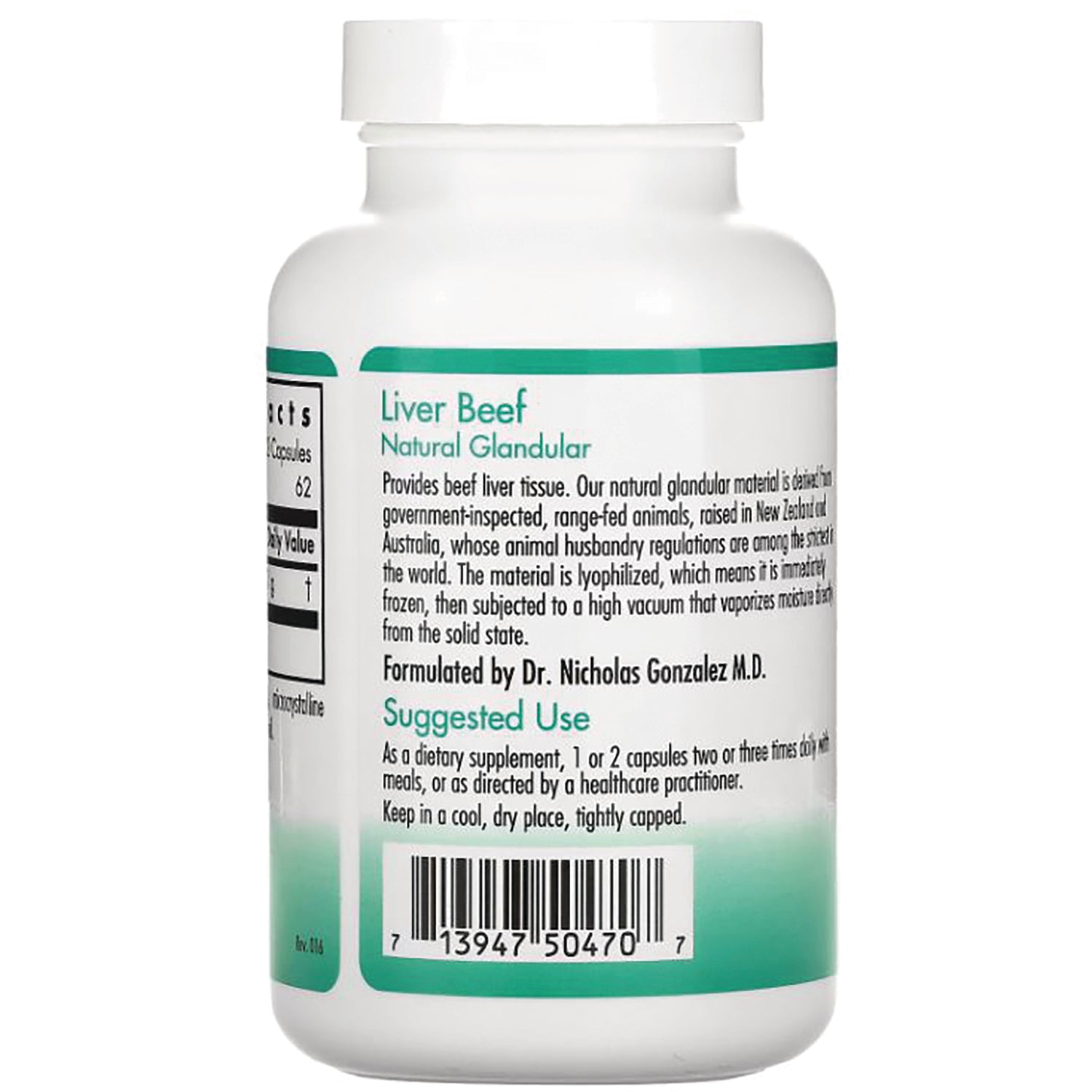 NCL005 | Back label of white supplement bottle reading Liver Beef Natural Glandular with suggested use text and barcode