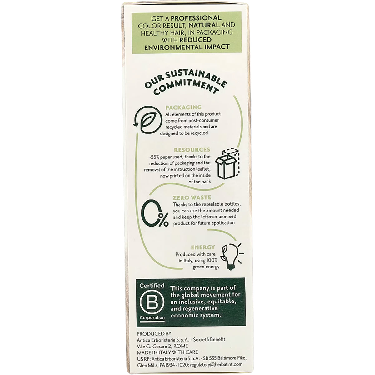 HBT013 | back of box showing sustainable commitment panel with packaging, zero waste, resources, and energy icons