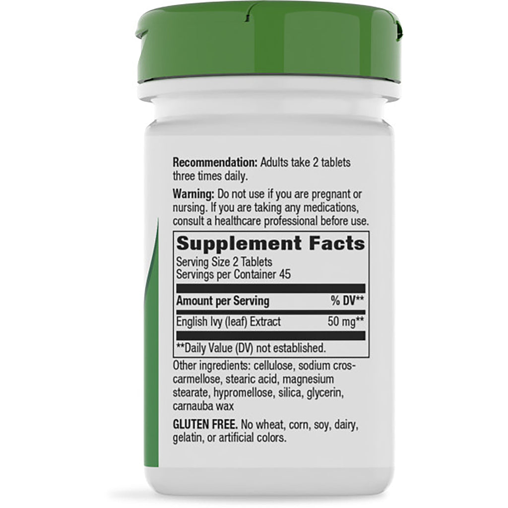 ET466 | back label of white supplement bottle showing Recommendation and Warning text and Supplement Facts listing English Ivy Leaf Extract 50 mg - Thumbnail
