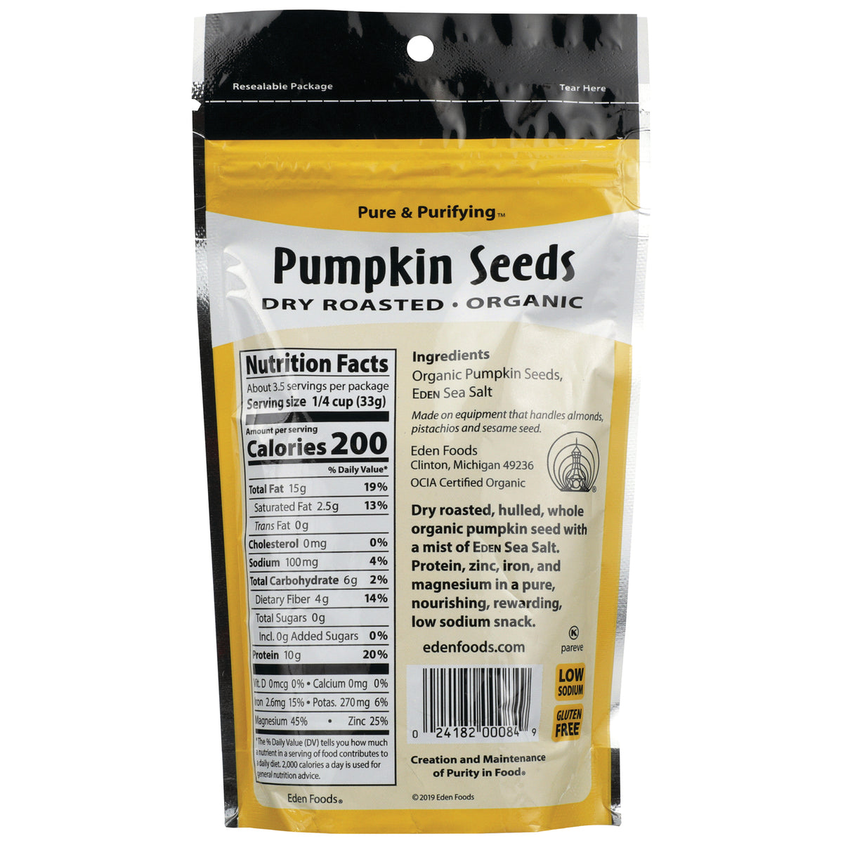 EDF037 | Back of Eden Foods pumpkin seeds pouch with nutrition facts, ingredients, barcode, and gluten free low sodium labels