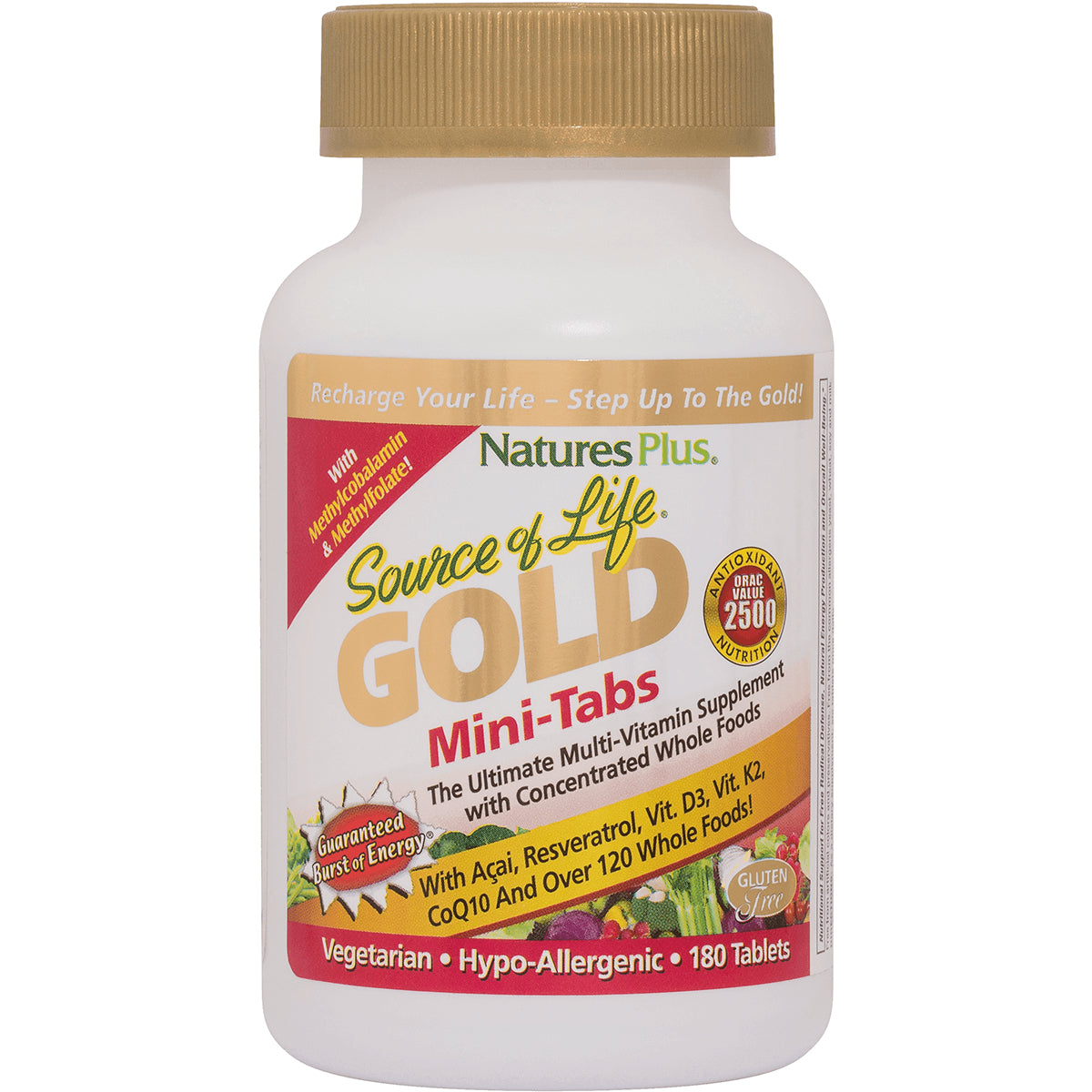 NTP201 | Front view of Source of Life GOLD Mini-Tabs bottle, vegetarian hypo-allergenic multivitamin, 180 tablets