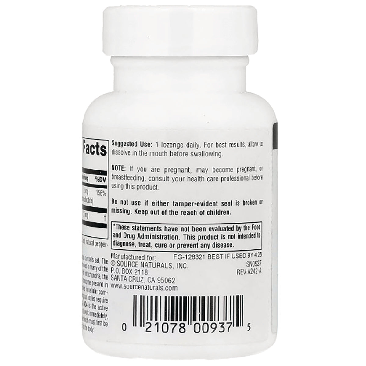 SN285 | Back label with suggested use, warning statements, FDA disclaimer, and barcode