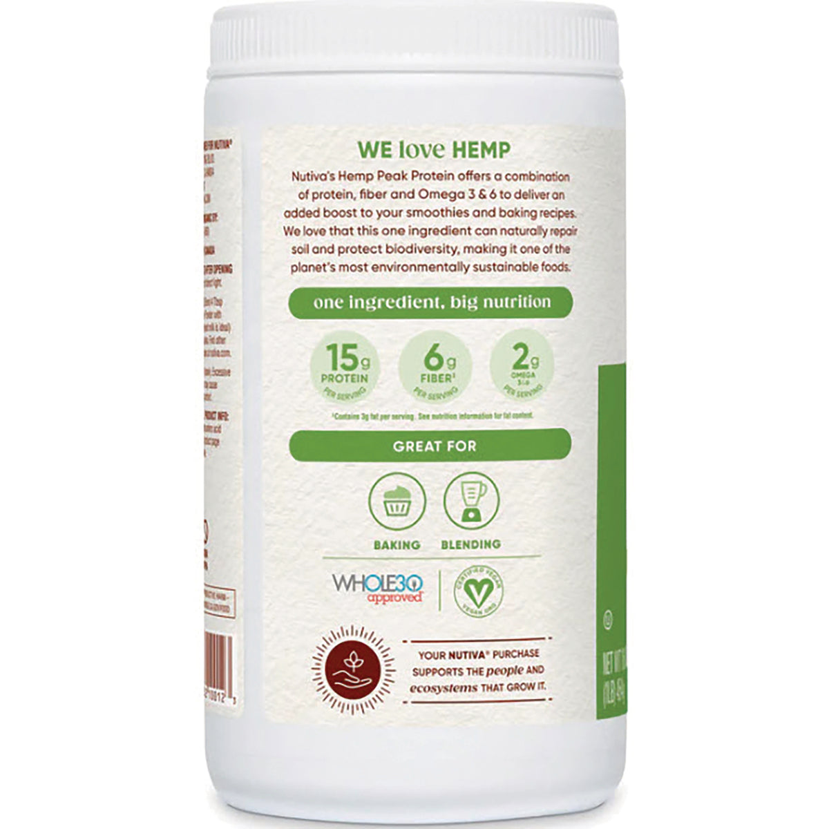 NTV014 | Back label reading WE love HEMP with nutrition highlights 15g protein, 6g fiber, 2g omega and icons for baking and blending