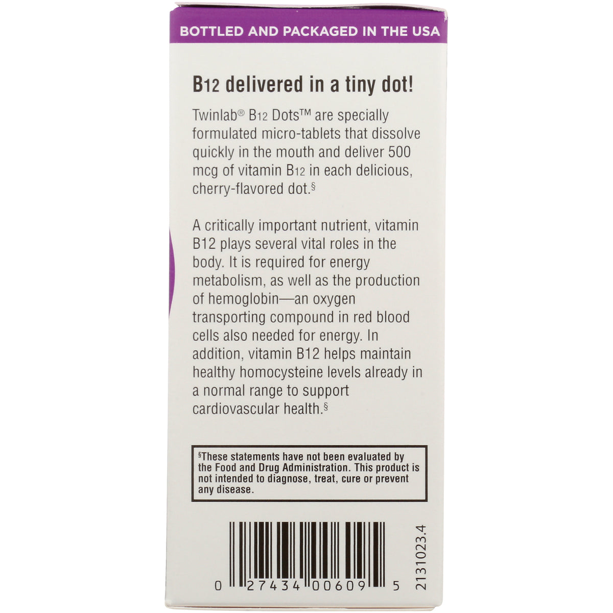TL100 | Back of Twinlab B12 Dots box with benefits text, 'B12 delivered in a tiny dot!' and barcode