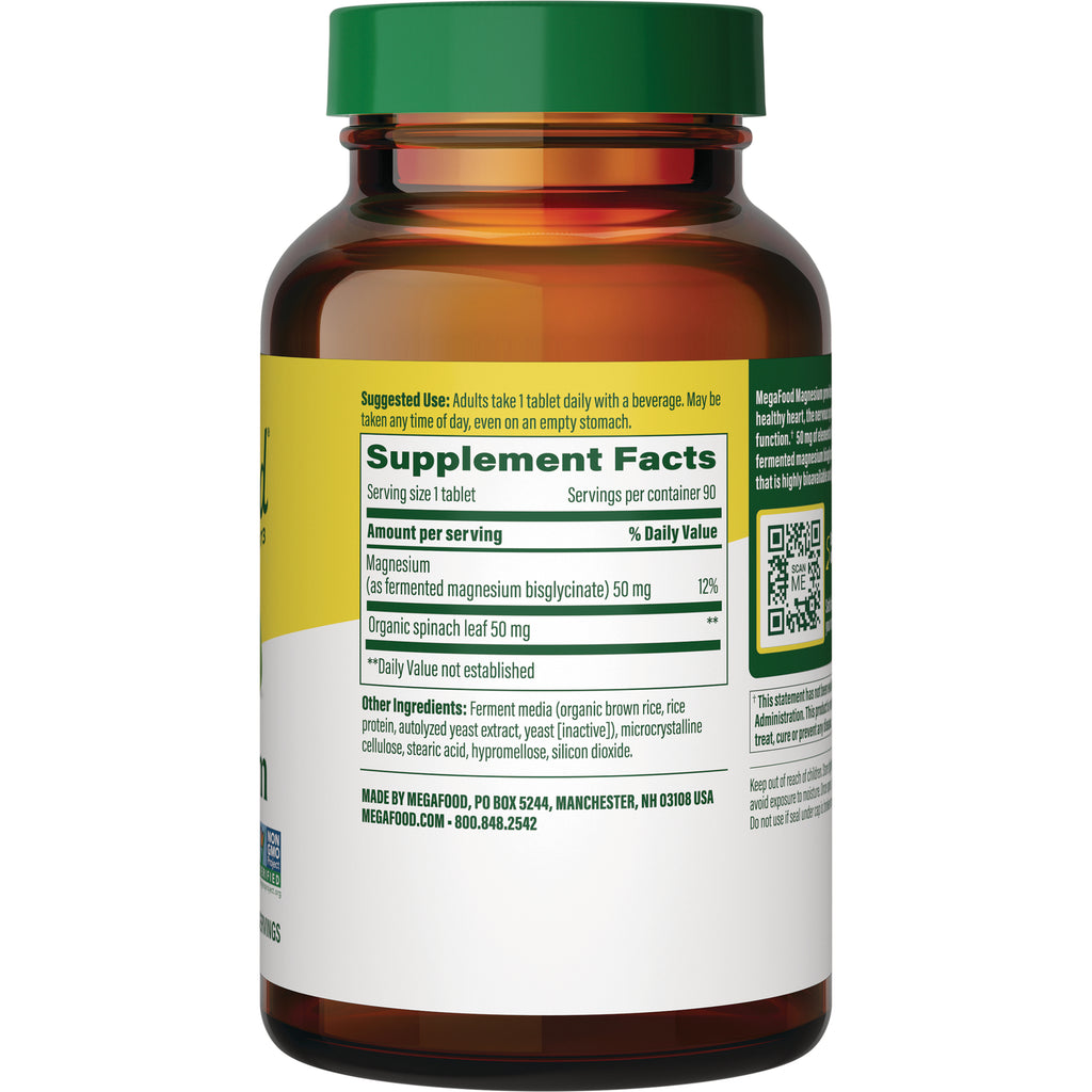 MGF047 | Back of supplement bottle showing Supplement Facts panel listing magnesium 50 mg and organic spinach leaf 50 mg - Thumbnail